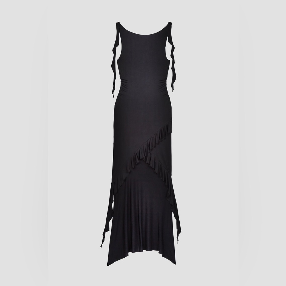 CELINE DRESS 🖤 - Beautiful Black Sleek High-Low Ruffle by Ahiri - Small - NWT - Picture 4 of 5
